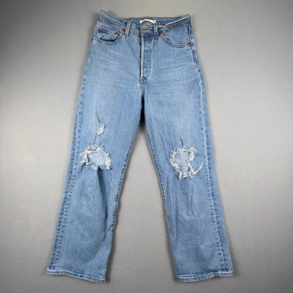 Levi's Ribcage Straight Jeans Womens 28 Distressed High Rise Denim Boho Festival